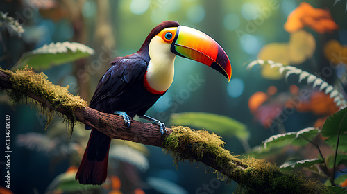 Beautiful colorful toucan bird on a branch in a rainforest  © StockSavant