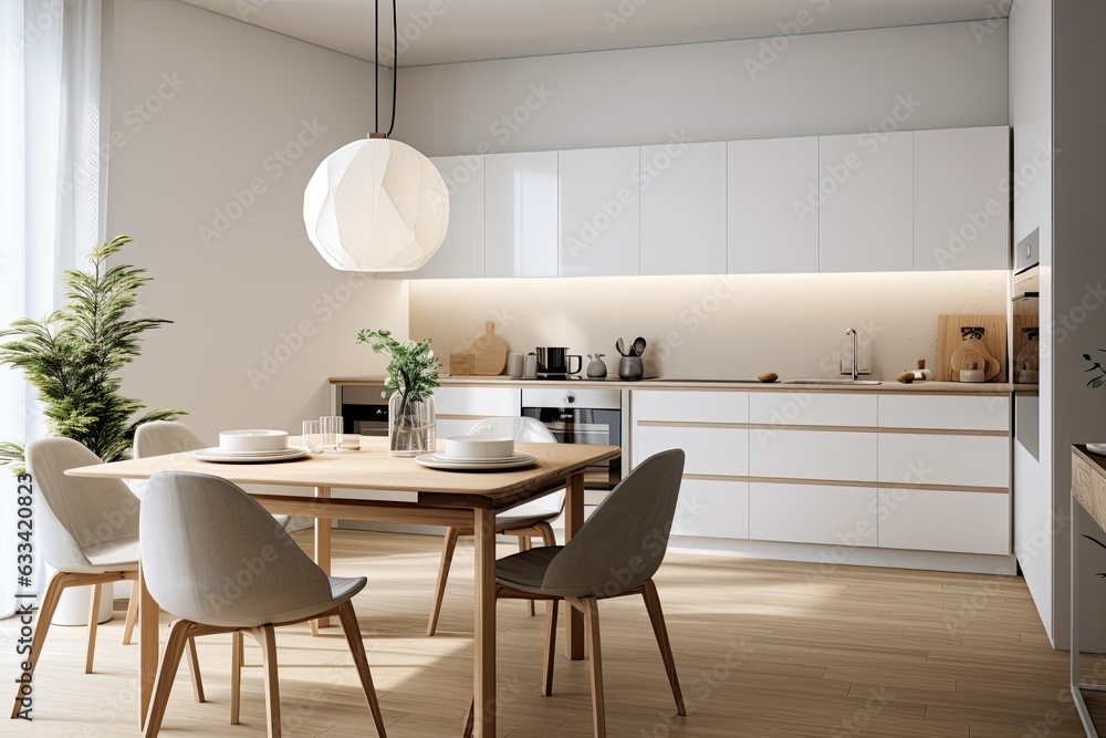 A modern and minimalistic kitchen and dining room featuring white furniture, Scandinavianstyle utensils, and a dinner table with chairs. The interior design also incorporates modern light fixtures for