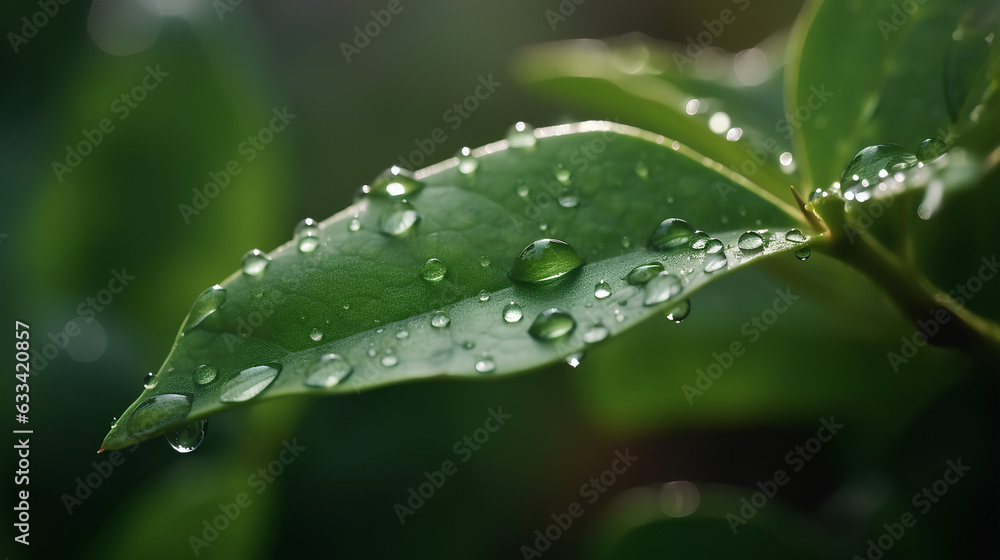 Beautiful water drops after rain on green leaf in sunlight, macro. Many droplets of morning dew outdoor, beautiful round bokeh, selective focus. Amazing artistic image of purity and fresh of nature Beautiful water drops after rain on green leaf in sunlight, macro. Many droplets of morning dew outdoor, beautiful round bokeh, selective focus. Amazing artistic image of purity and fresh of nature