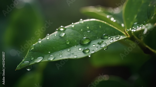 Beautiful water drops after rain on green leaf in sunlight, macro. Many droplets of morning dew outdoor, beautiful round bokeh, selective focus. Amazing artistic image of purity and fresh of nature