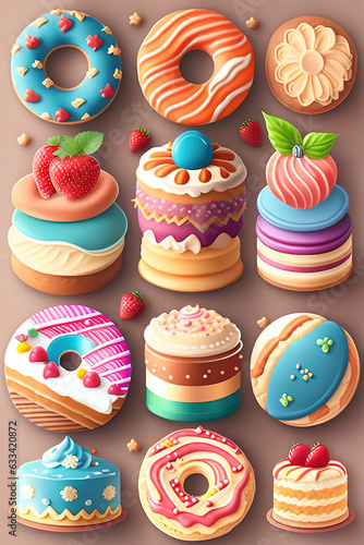 Seamless pattern with cakes, donuts and assorted cookies.