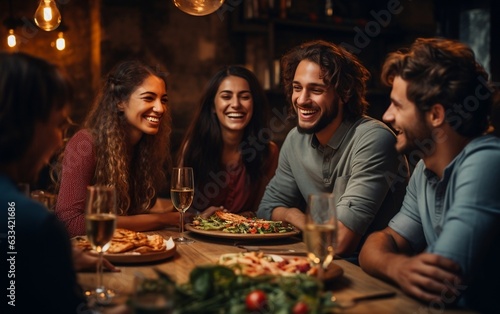 Group of friends enjoying dinner. Generative AI