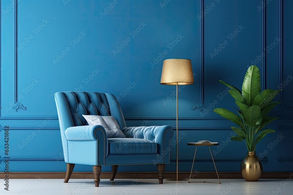 A rendered image of a blue living room with a luxurious and comfortable armchair.