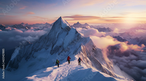 a breathtaking Alpine peak, blanketed in snow, climbers heading to the summit, early morning light