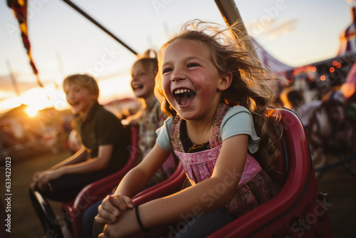 Small town community fair, children laughing, rides in motion, vibrant colors, sunset © Marco Attano