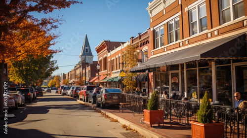 Small town main street, historic buildings, charming storefronts, brick pavements, people casually strolling, sunny day