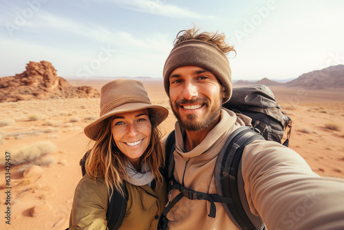 Generative AI illustration collage of wanderer couple traveling together summer mountains making selfies beautiful nature safari sand © deagreez