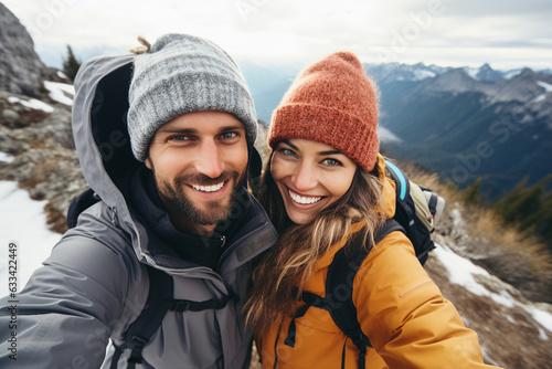 Generative AI self portrait of excited couple beat friends traveling together making selfies blogging exploring mountain lovely lake
