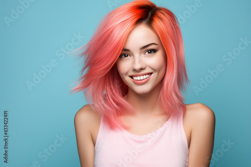 Generative AI portrait with adorable young charming woman good mood have dyed fashionable hair isolated background