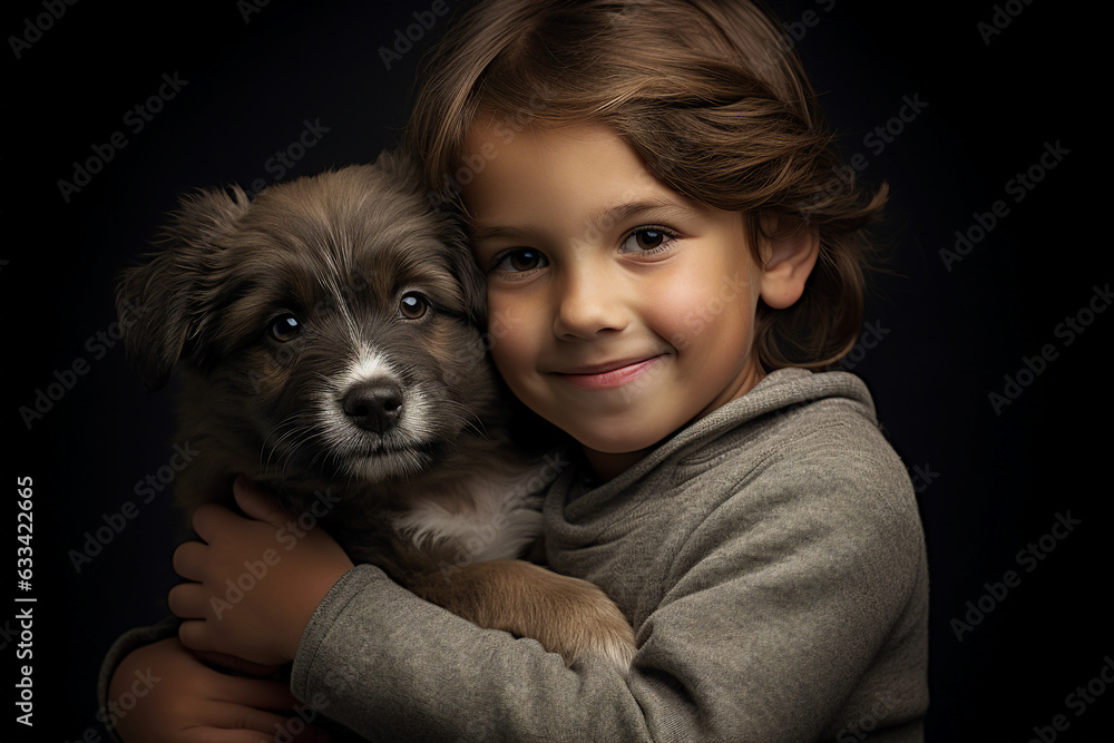 Generative ai collage image of kid hug embrace cute adorable dog puppy on black background
