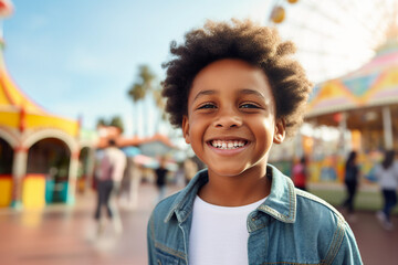 Generative AI illustration funny little kid visiting amusement park summer holidays joyfully smiling best day leisure