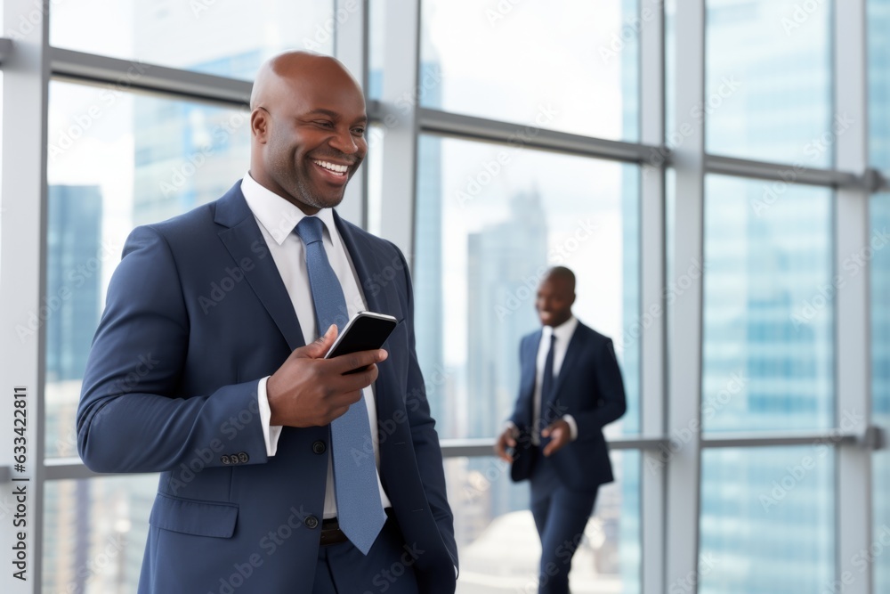 Smiling happy person adult man rich african american office employee successful businessman holding smartphone holds phone prosperous manager boss conference meeting standing entrepreneur business ceo Smiling happy person adult man rich african american office employee successful businessman holding smartphone holds phone prosperous manager boss conference meeting standing entrepreneur business ceo