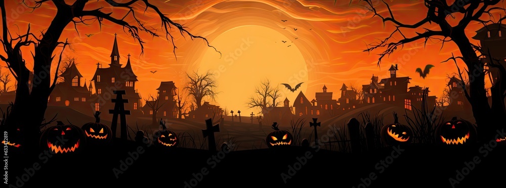 A spooky Halloween night with glowing pumpkins and a bright full moon