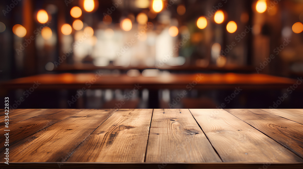Empty wooden table and blurred background of people in a cafe or restaurant Empty wooden table and blurred background of people in a cafe or restaurant
