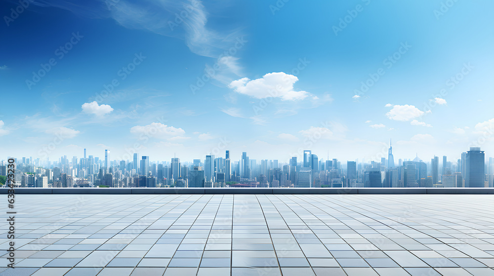 Empty brick floor and modern cityscape at blue sky