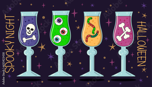 Set of cartoon cocktails for Halloween party with skull, bones, eyes and worms