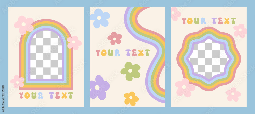 Set groovy post and story template. Cute retro backgrounds with rainbow colors. Social media frame for stories and posts with hippies aesthetic 60-70s. Minimalistic vintage vector art design - obrazy, fototapety, plakaty 