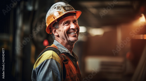 smile of worker at work wearing helmet