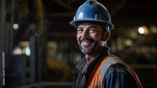 smile of worker at work wearing helmet