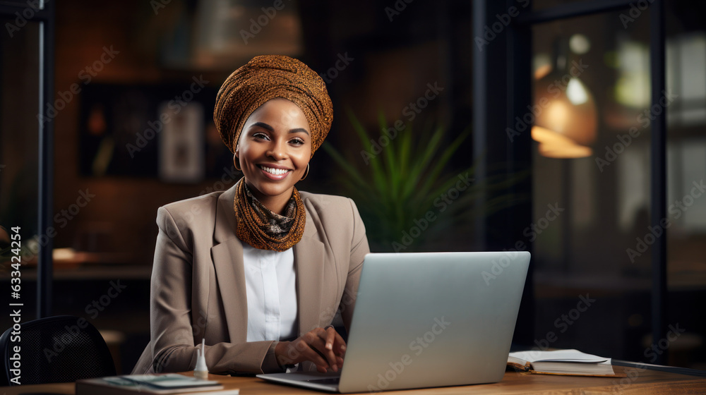 African businesswoman wearing suit with turban smiling working on the laptop in the office African businesswoman wearing suit with turban smiling working on the laptop in the office