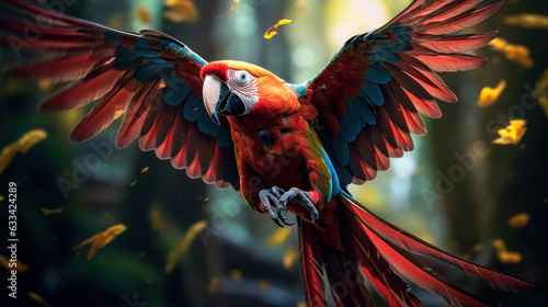 a flying parrot in the green tropical photo