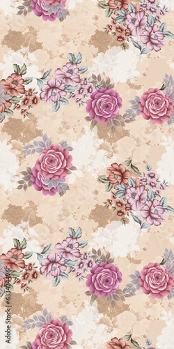 Seamless background, floral pattern with watercolor flowers pink and blue. Repeat fabric wallpaper print texture