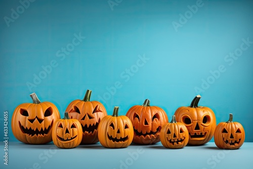 Carved pumpkins arranged on a table for Halloween decoration © pham