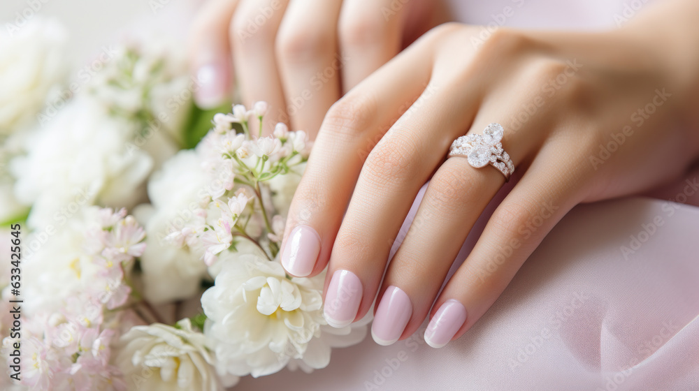 Beautiful female hands with manicure close-up, modern stylish wedding nail design, hands of the bride, generative ai Beautiful female hands with manicure close-up, modern stylish wedding nail design, hands of the bride, generative ai