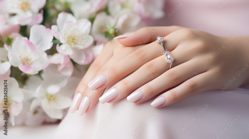 Beautiful female hands with manicure close-up, modern stylish wedding nail design, hands of the bride, generative ai Beautiful female hands with manicure close-up, modern stylish wedding nail design, hands of the bride, generative ai