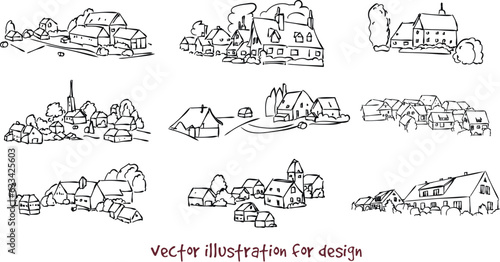 illustration of farmhouses. Vector silhouette set 