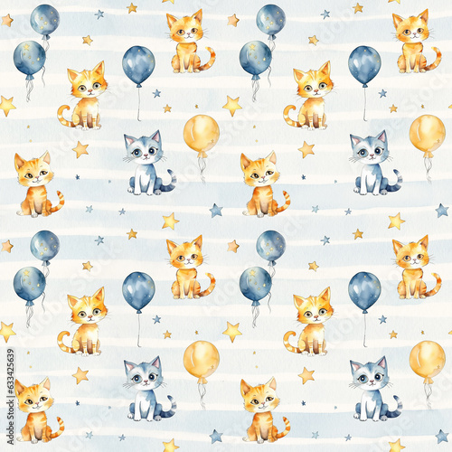 Seamless pattern with watercolor cute cartoon cats and ballon