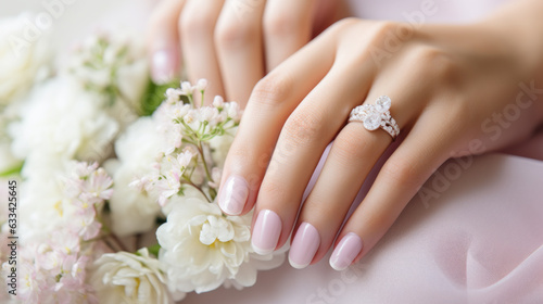 Beautiful female hands with manicure close-up  modern stylish wedding nail design  hands of the bride  generative ai