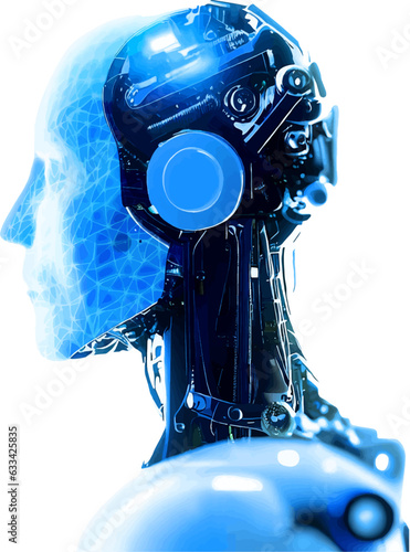  Robotics and AI in blue color, Robot face and Brain create by electrical and mechanical Artificial intelligence,. Humanoid head. Future concept. male android face with mesh point clloud