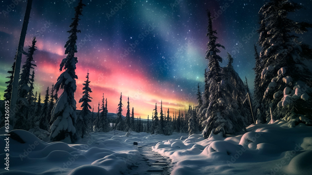 Fototapeta premium Vibrant Aurora Borealis Over Snowy Pine Forest