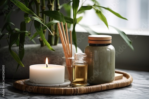 A closeup image of bamboo sticks inserted in a bottle, next to scented candles and a cup of tea on a marble table. The setup creates a pleasant aroma, adding to the ambiance of a home. This