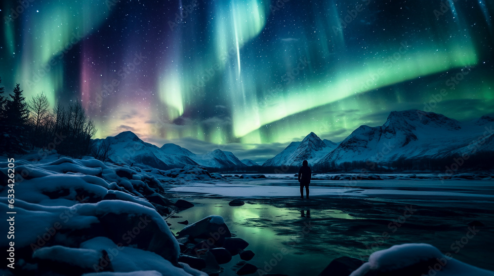 green and purple Northern Lights Illuminating Snowy Mountain Landscape and river