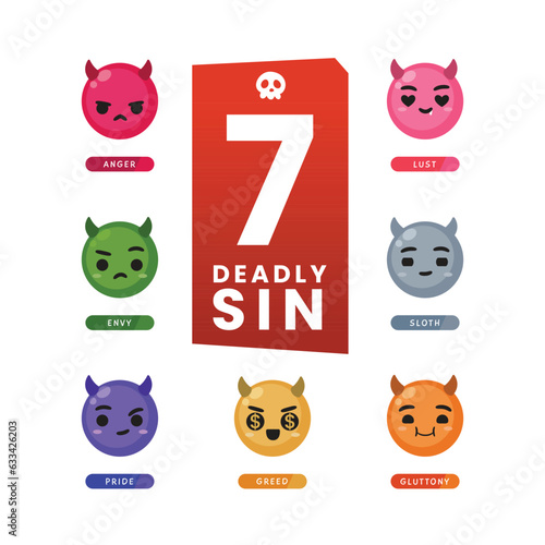 Canvastavla seven emoticons of deadly sin. Isolated Vector Illustration
