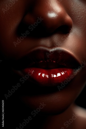 Translucent lip gloss  lips close up  dark skin in high detail. Generative AI.