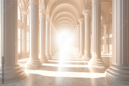 The sunlight illuminates the long and white corridor as it filters through the columns.