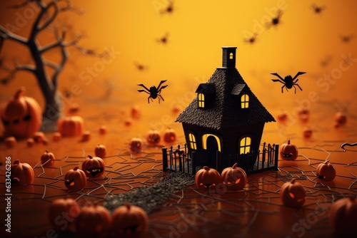 A spooky Halloween scene with pumpkins and a haunted house photo