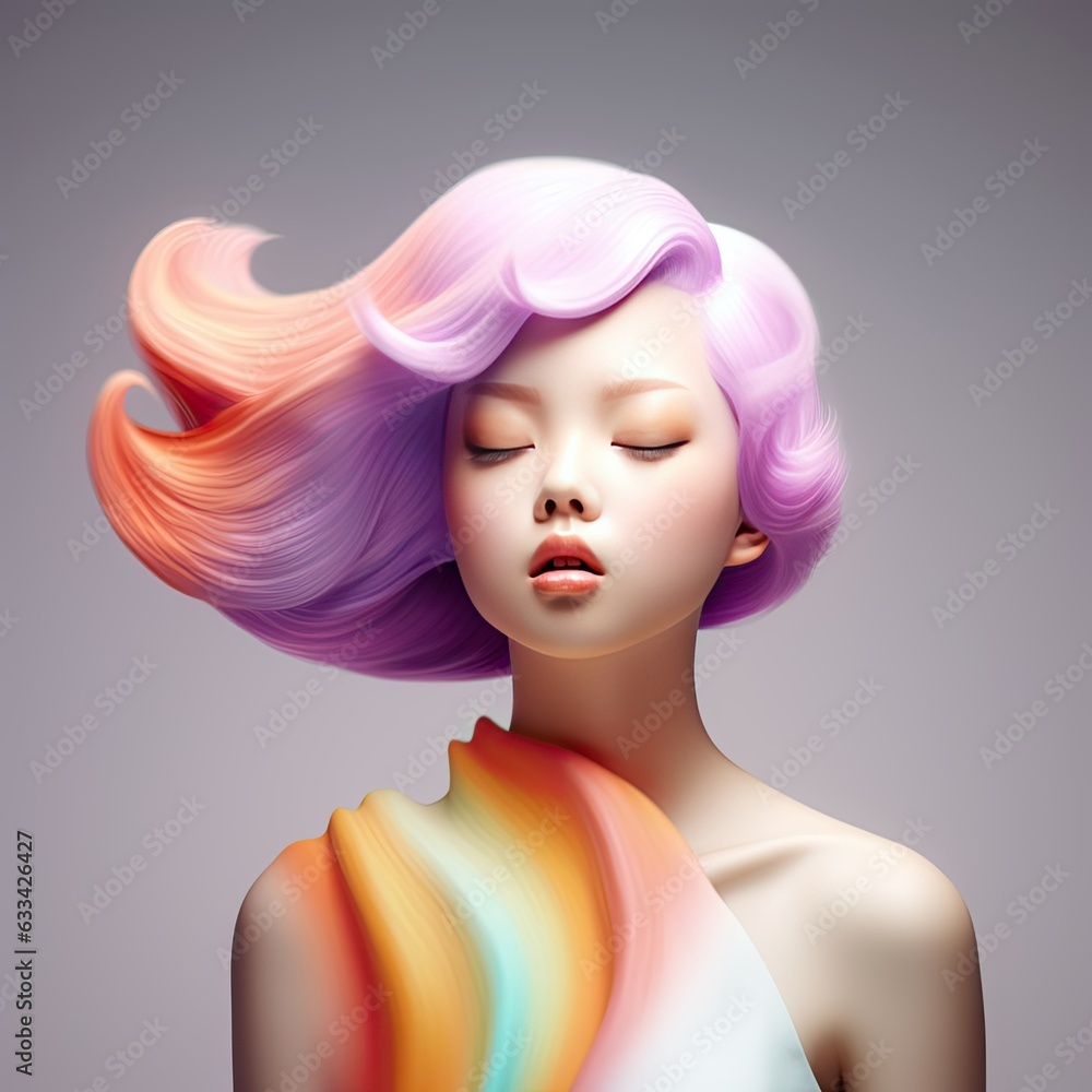 Portrait of Asian woman with rainbow wavy stylized  hair