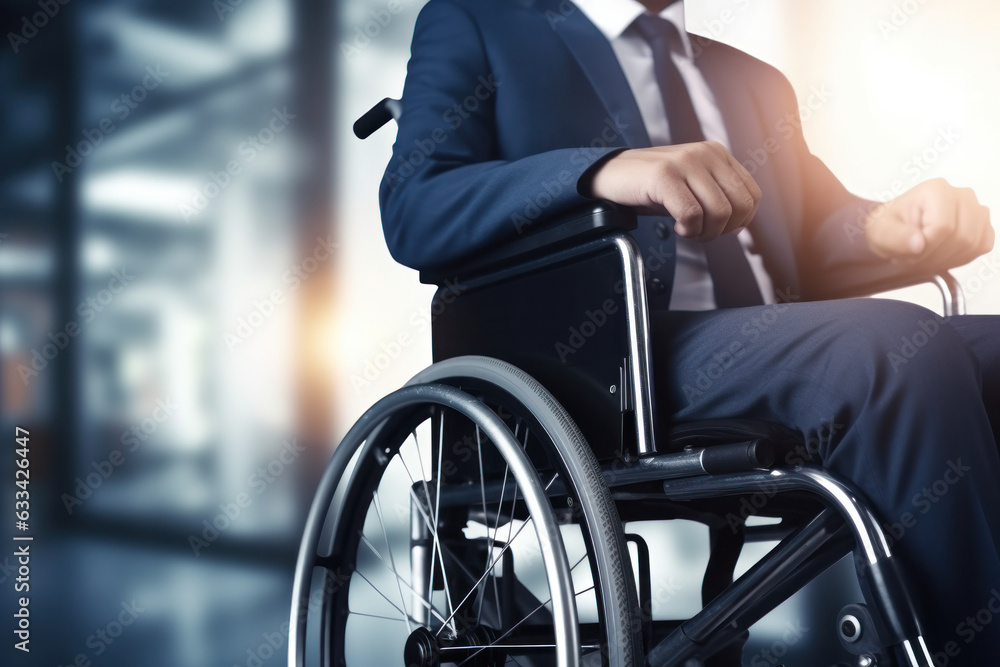 Wheelchair-bound man embodies inclusion, insurance, accessibility Wheelchair-bound man embodies inclusion, insurance, accessibility