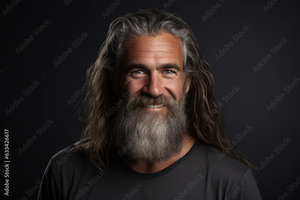 A smiling middle-aged European man with a long beard against a gray studio background. A smiling middle-aged European man with a long beard against a gray studio background.