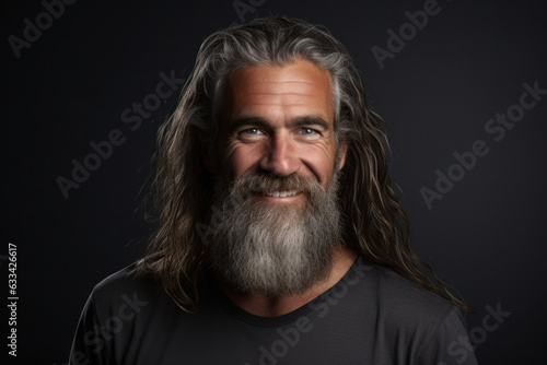 A smiling middle-aged European man with a long beard against a gray studio background. © Ai Studio