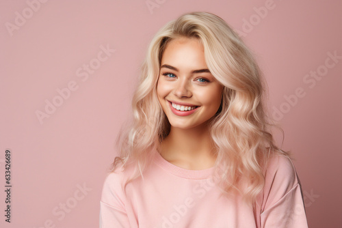 Generative AI portrait attractive young blonde hair girl smiling natural appearance beauty isolated pink wall background