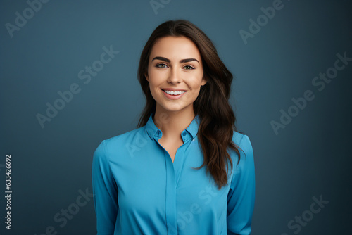 Generative AI illustration of amazing self confident agent woman with attractive stylish hairdo posing over colorful background
