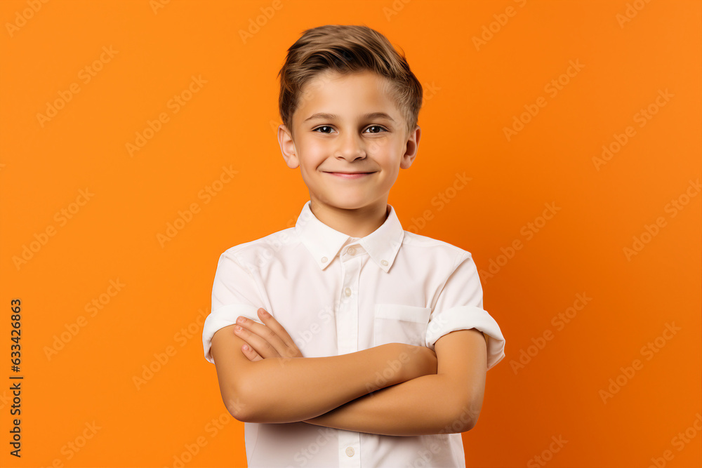 Generative ai photo collage of school pupil with crossed hands over color background Generative ai photo collage of school pupil with crossed hands over color background
