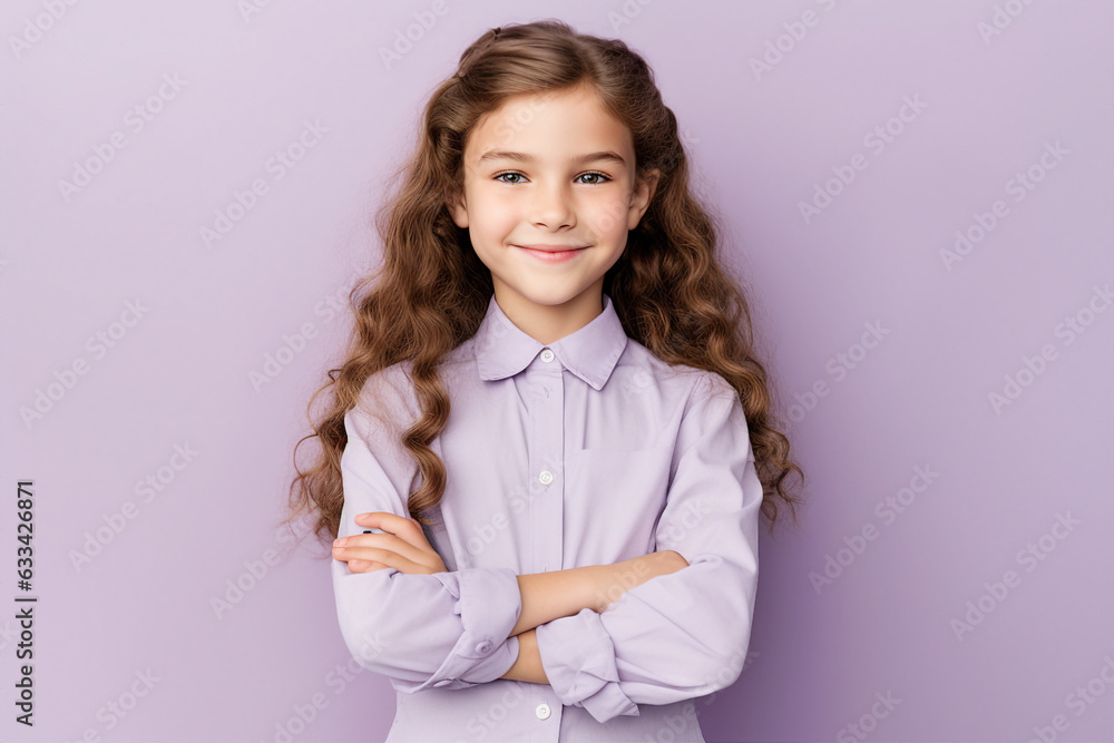 Generative ai photo collage of school child with crossed hands over color background Generative ai photo collage of school child with crossed hands over color background