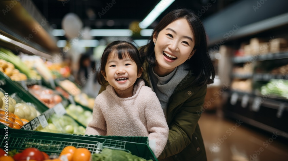 A mother and daughter shopping for groceries in a supermarket