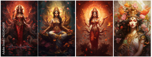 Set of LAKSHMI, goddess of Hindu mythology. Created with Generative AI technology. photo